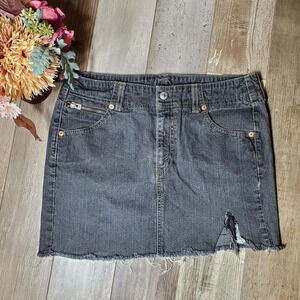 Vintage Levi's Side Slit Jean Skirt Misses Size 8 Black Distressed Raw Hem